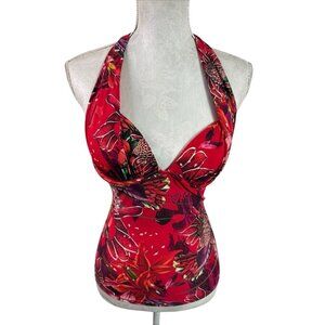 HAPARI Women's XS 0-2 Halter Tankini Swim‎ Top Underwire Red Floral EUC